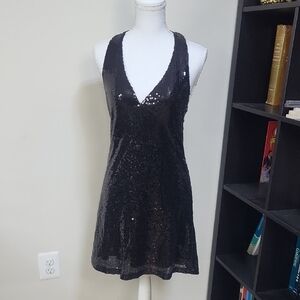 WET SEAL Y2K Black Sequin Halter Deep Neckline Dress